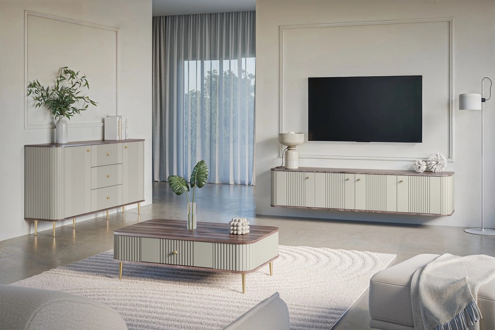 Vesper 4D fali TV szekrény 187 cm - kasmír / dió / arany fogantyúk