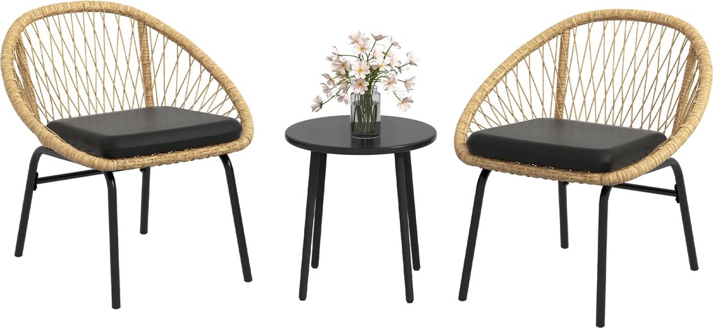 Outsunny 3 részes Rattan Kerti Bútor Szett, Erkély Bútor Szett Kávézó Asztallal, 2 Székkel, Párnás Ülőgarnitúra Erkélyre, Teraszra, Poliészter, Sárga