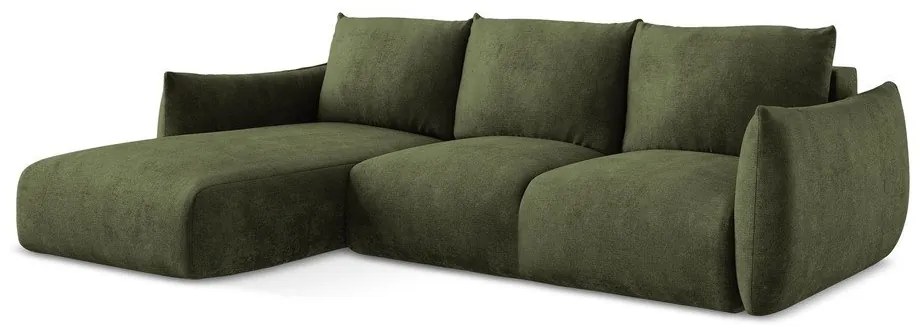 Zöld zsenília kinyitható sarokkanapé (bal oldali-heverő résszel) Leila – Makamii