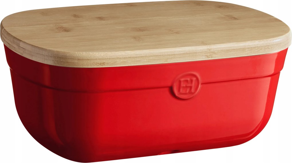 Emile Henry Kerámia kenyértartó fa fedéllel, piros