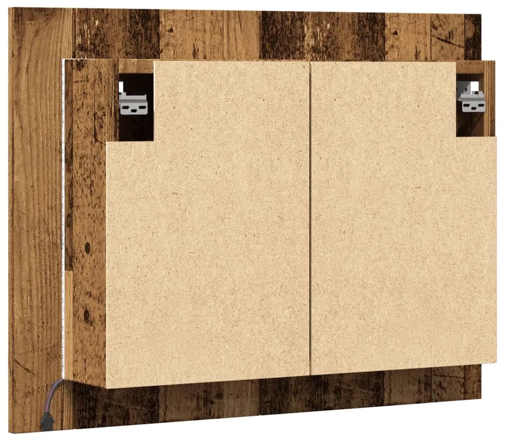 antik fa színű szerelt fa tükörszekrény LED-del 60x12x45cm