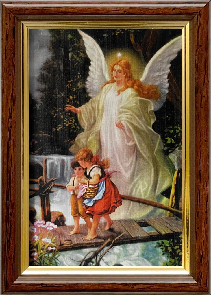 Vászonkép 18x13 Őrangyal Angyal Barna Arany Díszített Fa Keret
