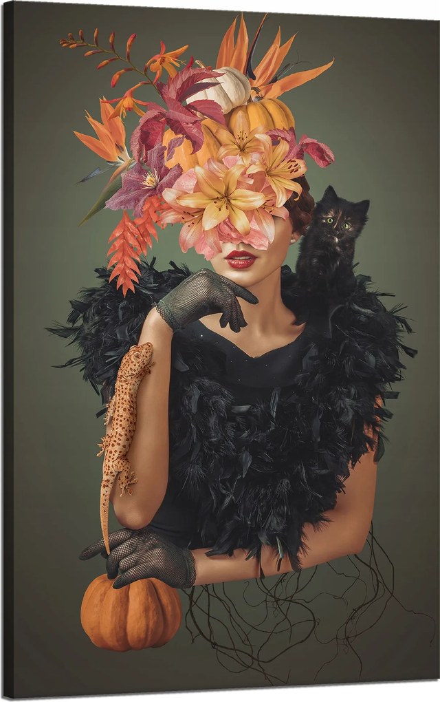 Vászonkép Hölgy macskával Virágok Fekete 50x80 cm Ideális ajándék
