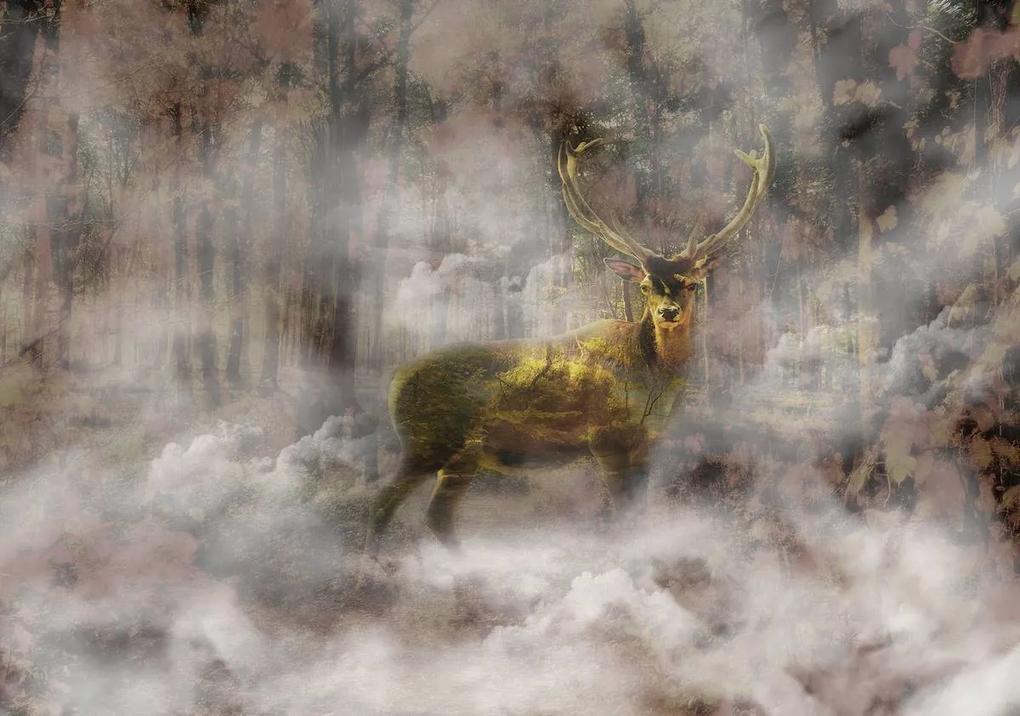 Fotótapéta - Arany szarvas egy ködös erdőben (152,5x104 cm)