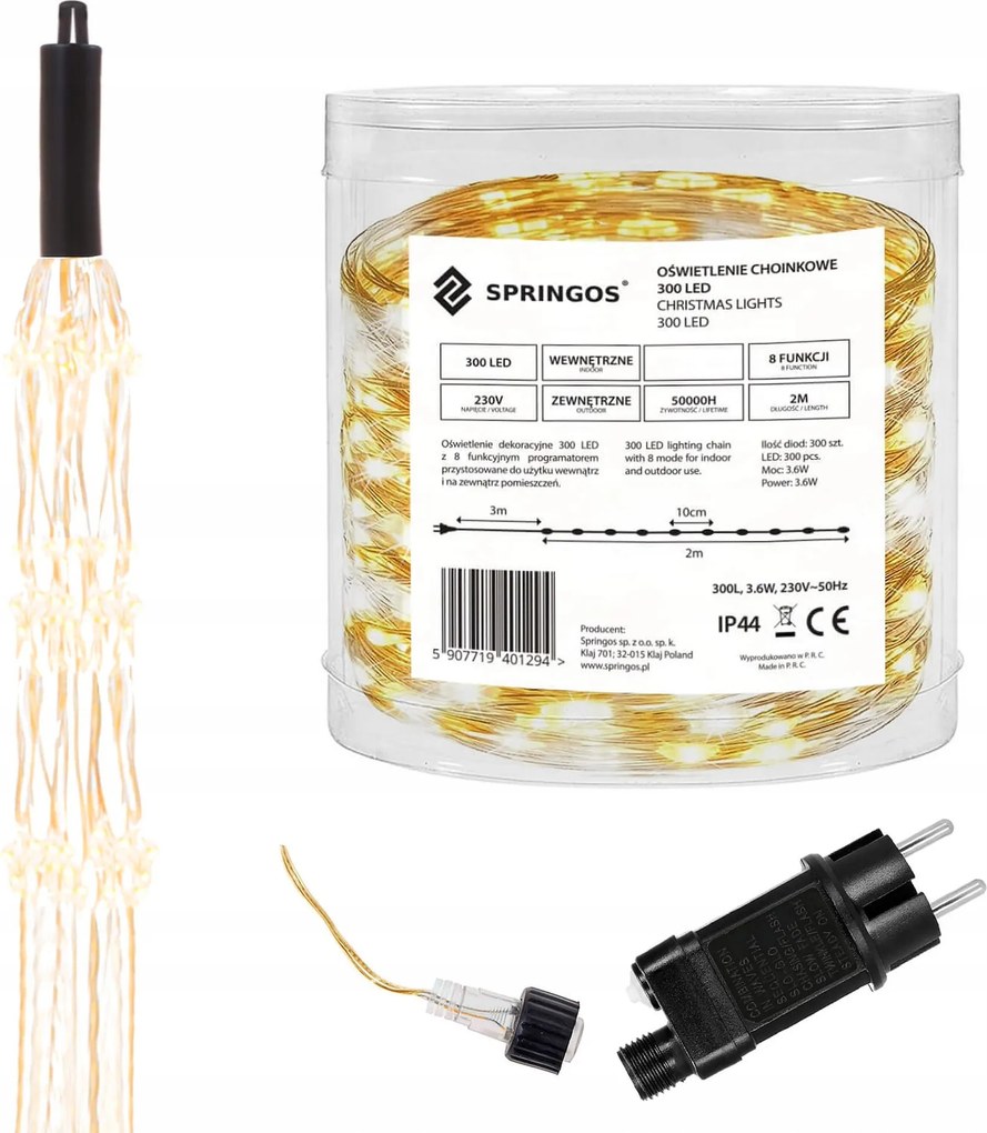 Karácsonyfa Drót Lámpa 5m Függöny IP44 300 Led Meleg Fehér