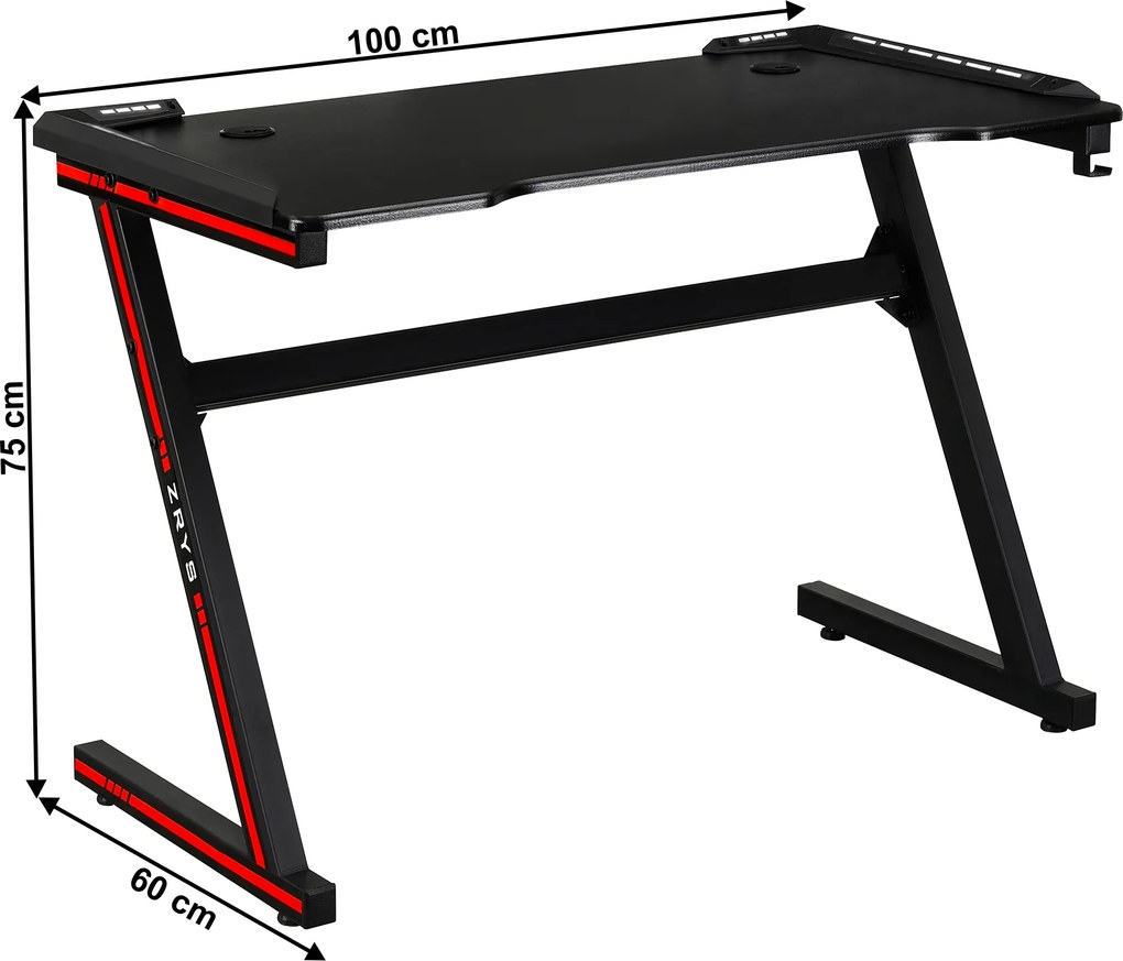 Gamer asztal/számítógépasztal, RGB LED világítással, fekete/piros, MACKENZIE 100cm