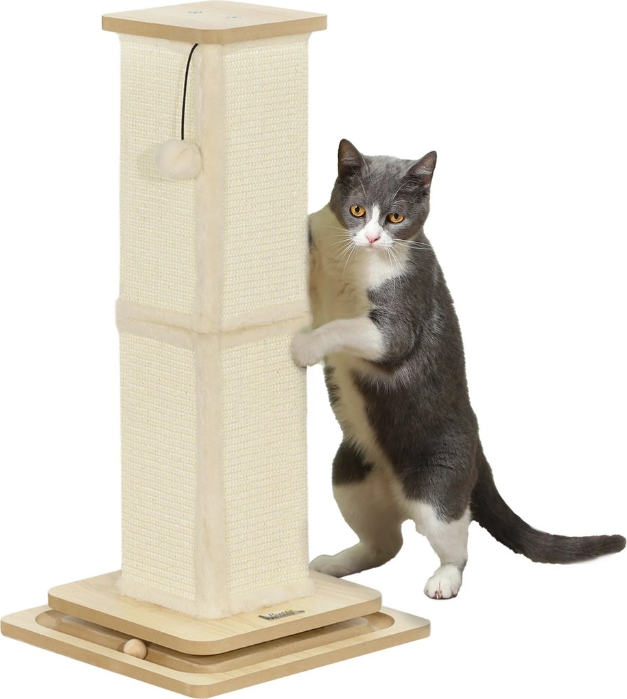 PawHut 3 az 1-ben Kaparóoszlop, 67 cm Magas Kaparóoszlop, Zsineggel Borított Macskakaparó Fa Játszóballal, Macskakaparó Bútor, Beltéri, Tölgy | Aosom