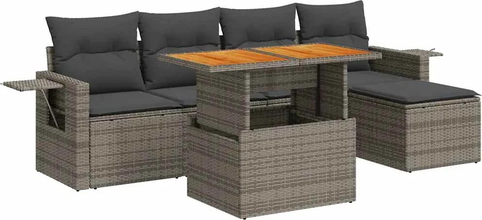 vidaXL 6 részes szürke polyrattan kerti ülőgarnitúra párnákkal