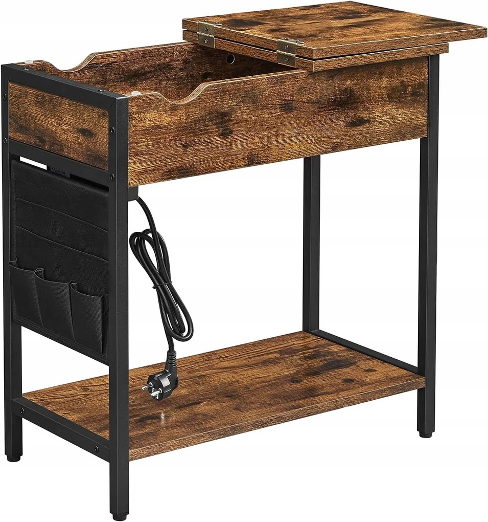 Kis asztal hosszabbító kábellel és töltőkkel TAYLOR 60x31,5 cm, rusztikus barna