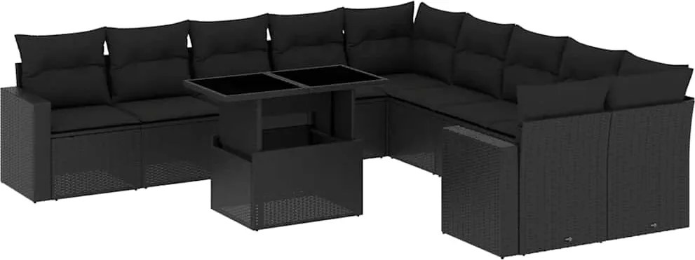 vidaXL 11 részes fekete polyrattan kerti ülőgarnitúra párnákkal
