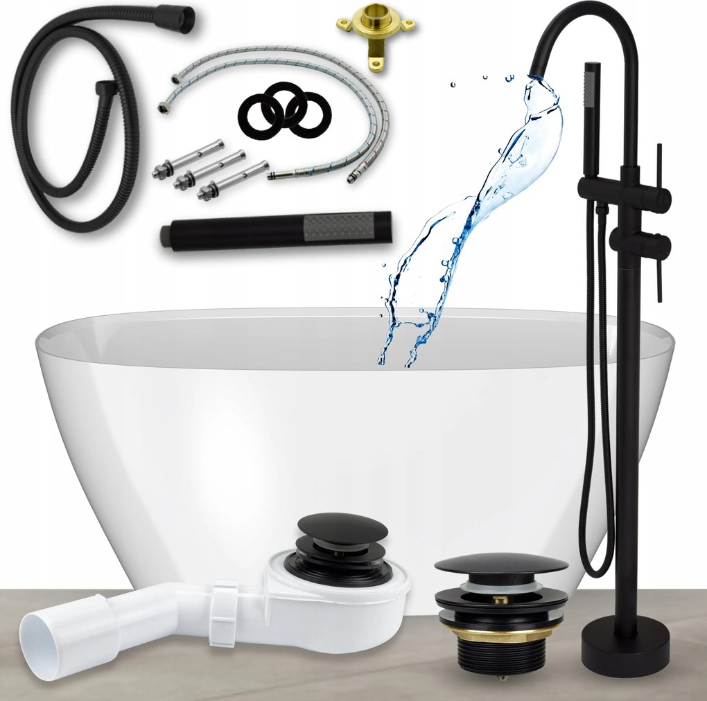 Kád 150 Szabadonálló Kád Csaptelep Szifon Klikk Klakk Fekete 10in1 Szett