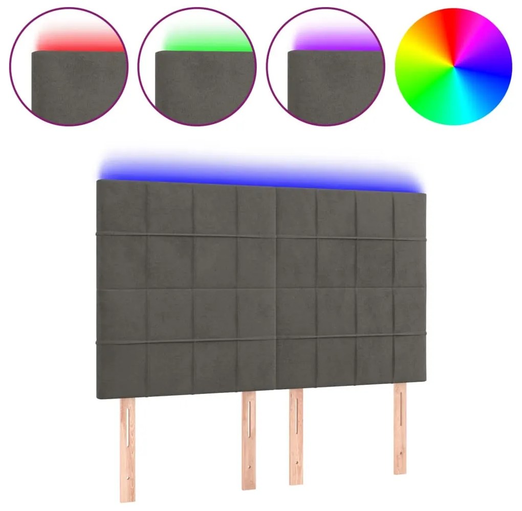 sötétszürke bársony LED-es fejtámla 144x5x118/128 cm
