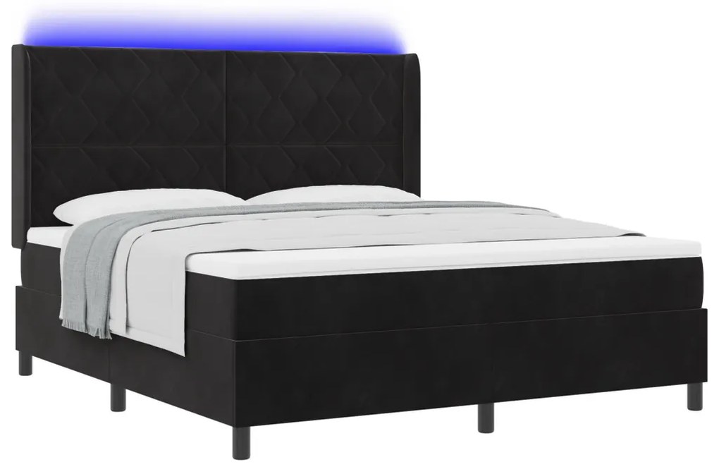 Boxspring Ágy Matraccal és LED Fénnyel Fekete 180x200 cm Bársony