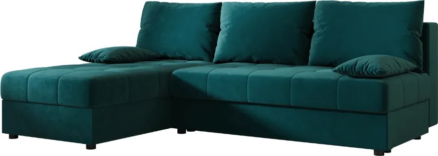 Ágyazható, kétoldalas L alakú kanapé VENORIA SLIM 200x143 cm, petrolkék színű + 2 db díszpárna INGYEN
