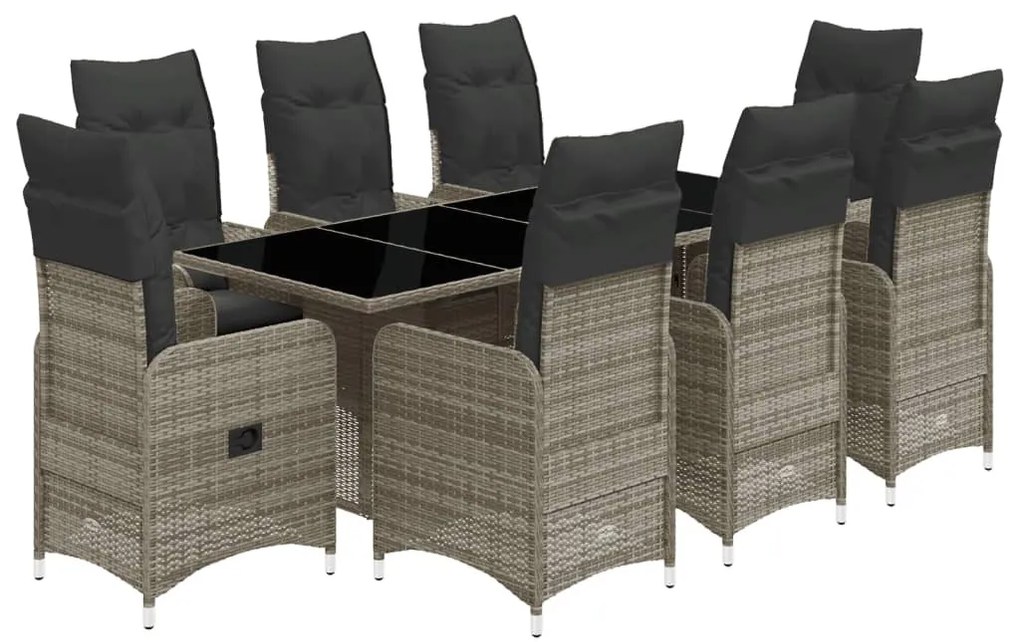 9 részes szürke polyrattan kerti bisztrógarnitúra párnákkal