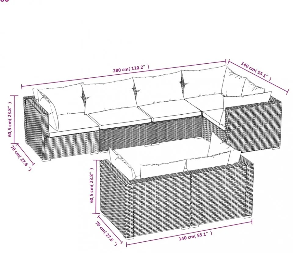 vidaXL 7 részes fekete polyrattan kerti ülőgarnitúra párnákkal