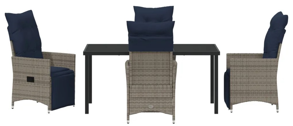 5 részes kerti étkezőszett párnákkal szürke poli rattan, Kerti Asztal Fekete 160x80x73 cm Edzett Üveg