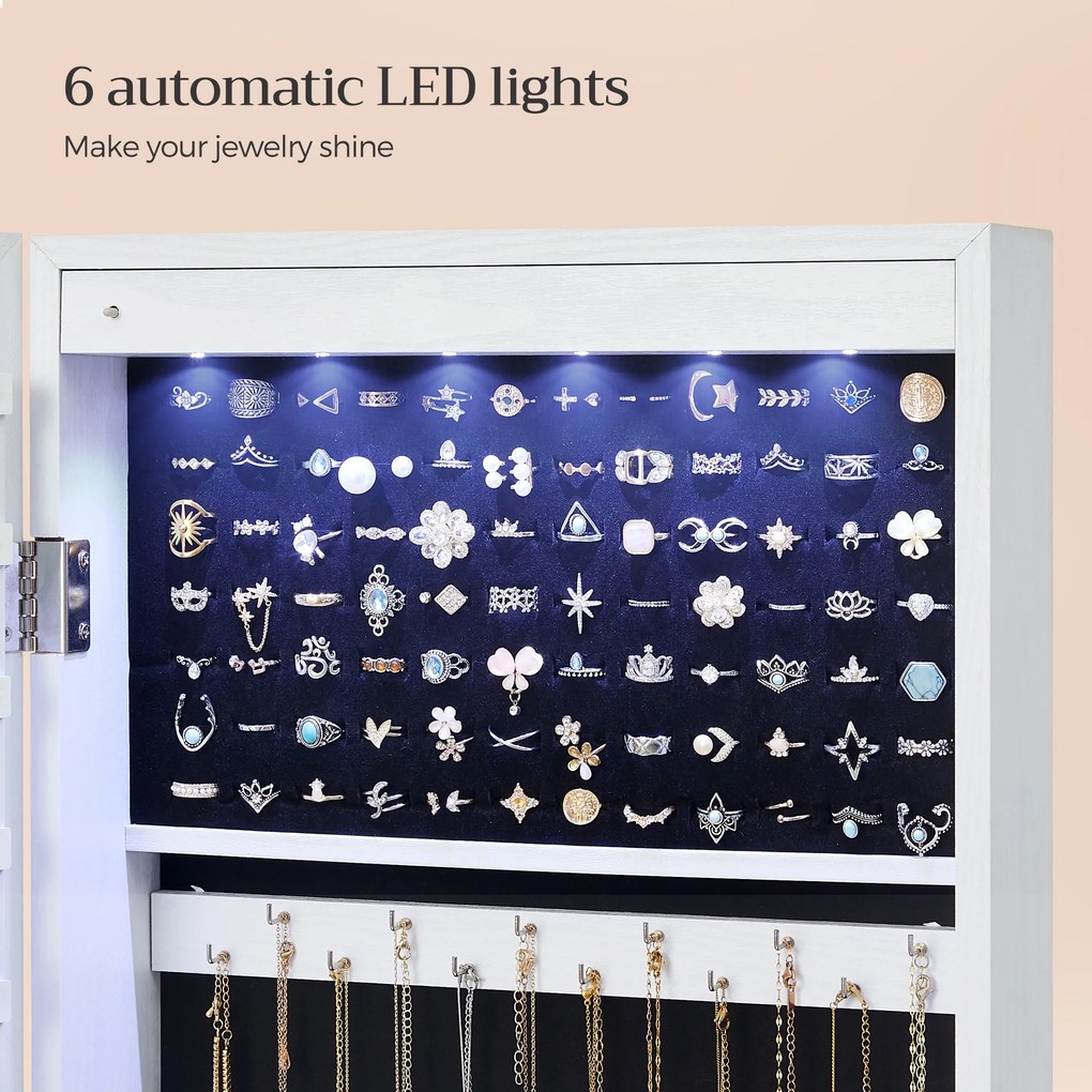SONGMICS zárható tükrös ékszerrendszerező 6 LED-del, 120 cm, fehér