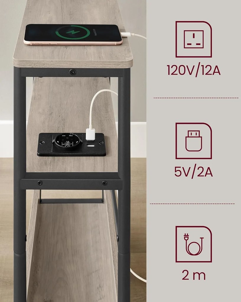 Keskeny oldal asztal töltő funkcióval 3 polcos, 18 x 45 x 58 cm Greige szürke fekete lábakkal