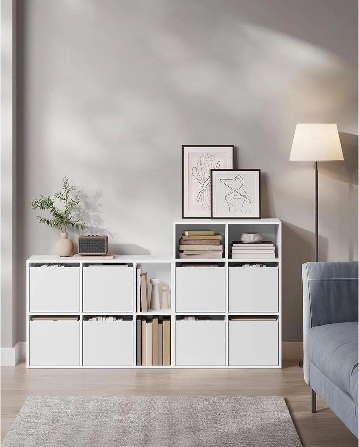 SONGMICS HOME 6 rekeszes könyvespolc 4 szövetfiókkal, 27 x 83 x 61,6 cm, hófehér