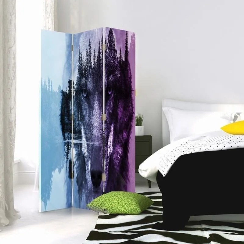 Gario Paraván Farkas erdei háttérben ibolya színben Méret: 145 x 170 cm, Kivitelezés: Forgó paraván 360°