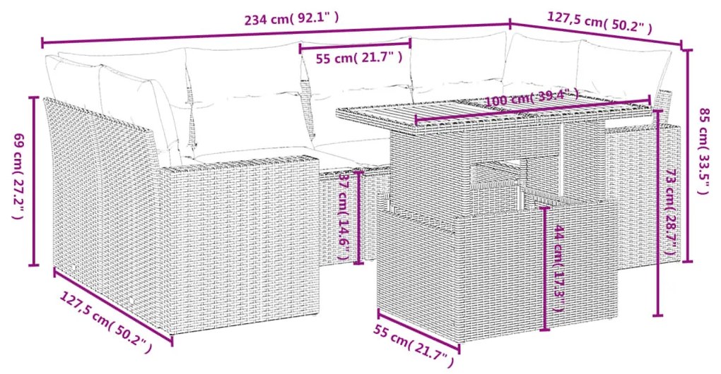 7 részes fekete polyrattan kerti ülőgarnitúra párnával