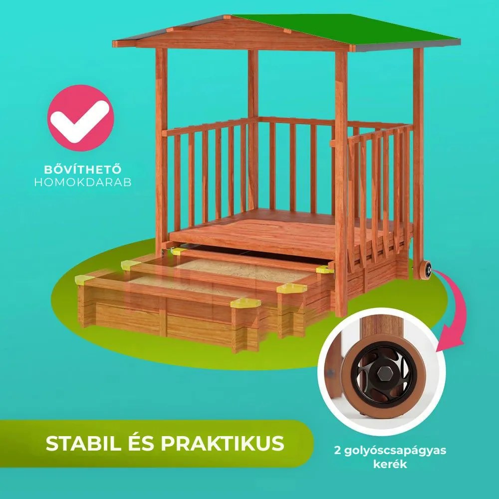 SUNNY verandás homokozó, 130x130x143cm, barna/zöld Jurhan