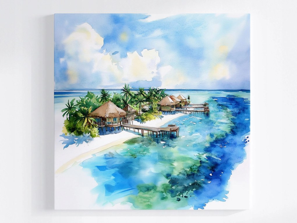 Canvas Egzotikus Sziget Óceán Kunyhók Maldív-szigetek Pálmafák 40x40