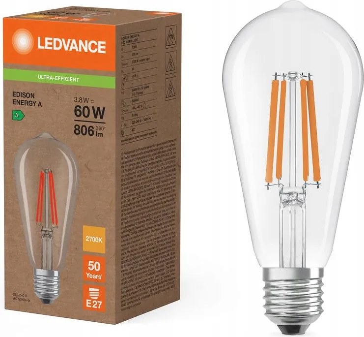 Edison Led izzó E27 ST64 3.8W 60W 806lm 2700K Meleg 300° Ledvance