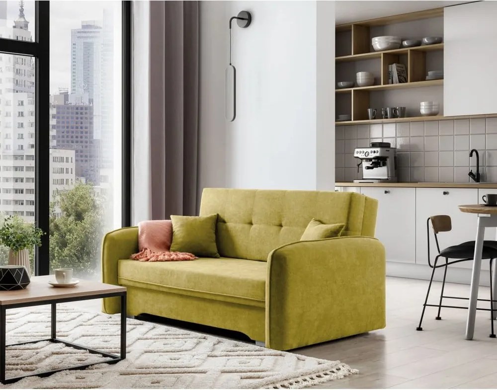 Sárga zsenília kinyitható-tárolóhelyes kanapé 155 cm Laine – ELTAP