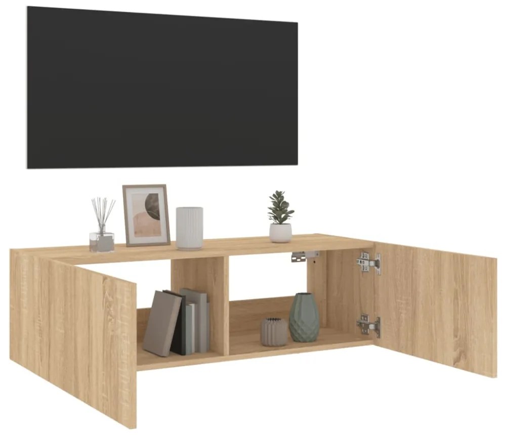 sonoma tölgy színű fali TV-szekrény LED-ekkel 100 x 35 x 31 cm