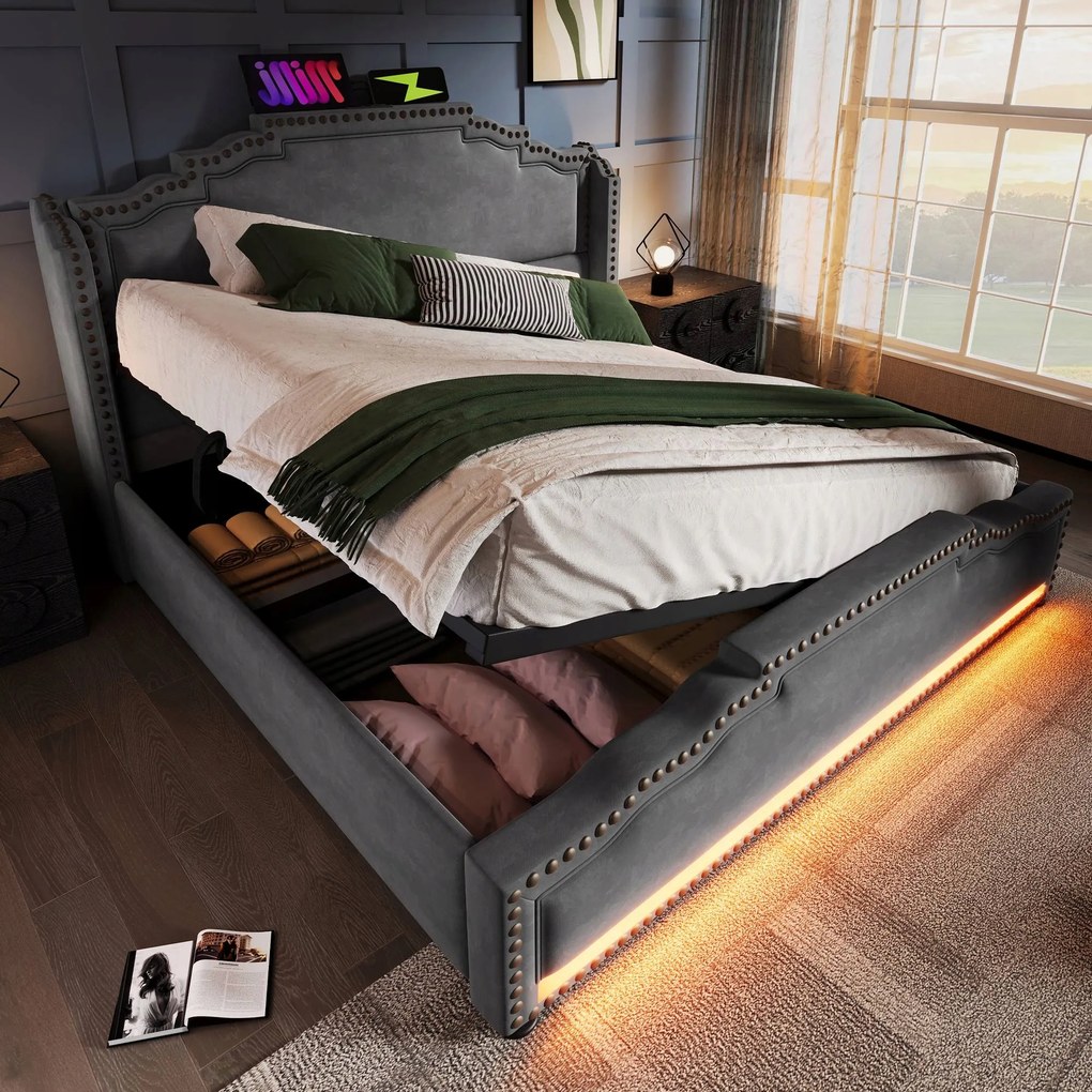 Kárpitozott ágy 160×200 Duplafalú LED-es ágy Usb-c szürke+Matrac