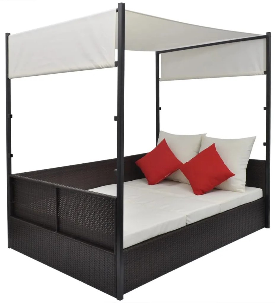 Barna polyrattan napellenzős kerti ágy 190 x 130 cm