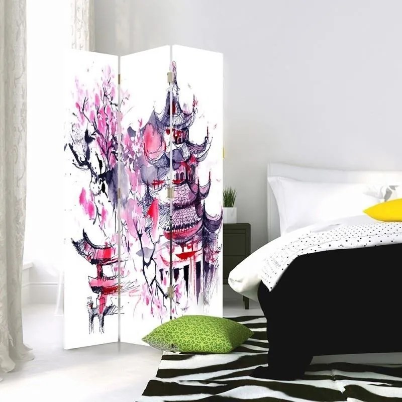 Gario Paraván Japán pagoda és cseresznyevirág Méret: 145 x 170 cm, Kivitelezés: Klasszikus paraván