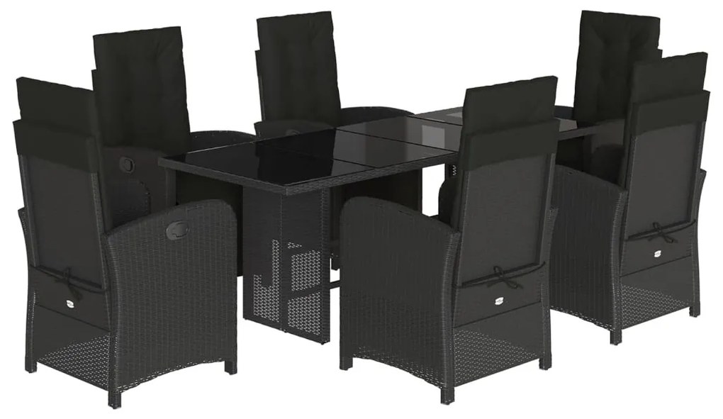 7 részes fekete polyrattan kerti étkezőgarnitúra párnával