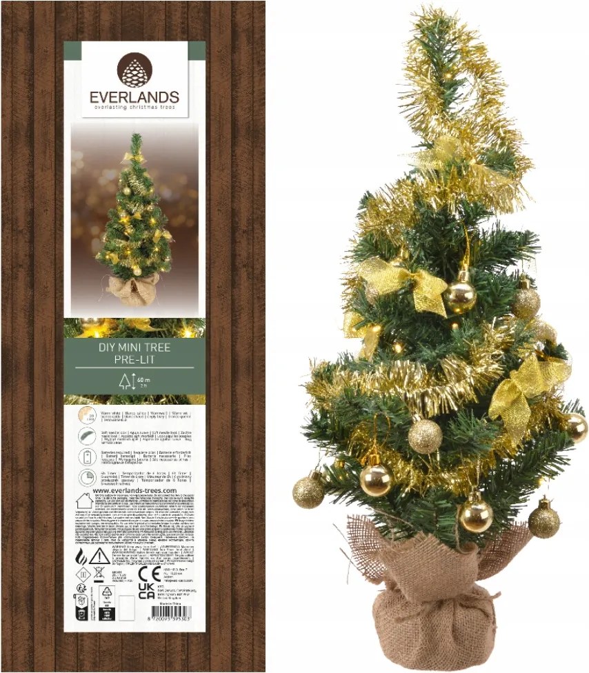 Mini LED-es műfenyő kaspóban arany díszítéssel dekoratív 60cm