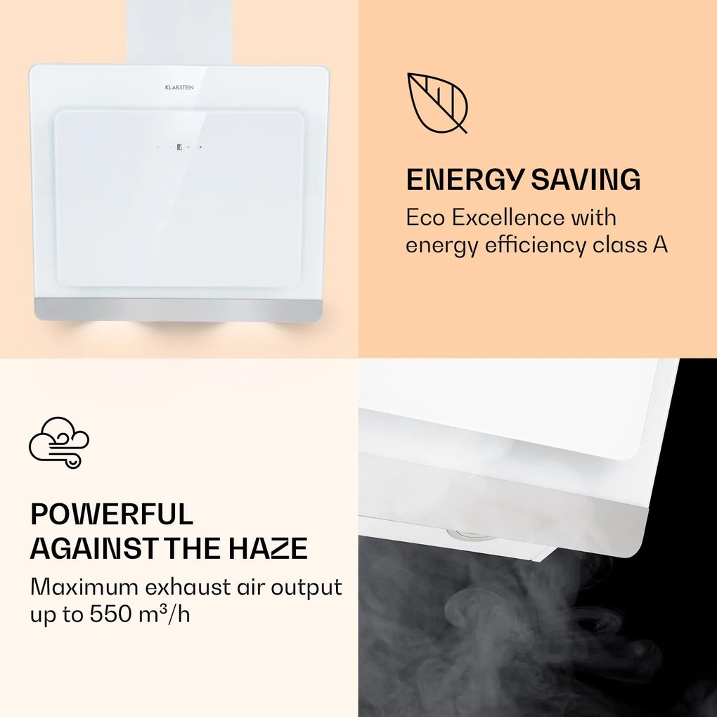Klarstein Aurora Eco 90, páraelszívó, 69 cm, falra szerelhető, 550 m³/h, A+, érintéses vezérlés, fehér