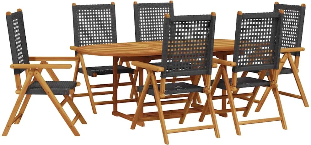 vidaXL 7 részes fekete polyrattan és tömör fa kerti étkezőgarnitúra