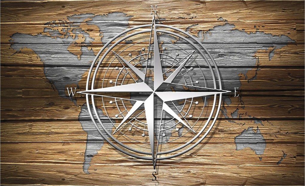 Fotótapéta Világtérkép Iránytű fa fém 250x175 Kaland Várakozás +ragasztó