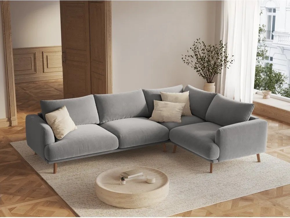 Szürke bársony sarokkanapé (jobb oldali-L alakú) Naomi – Micadoni