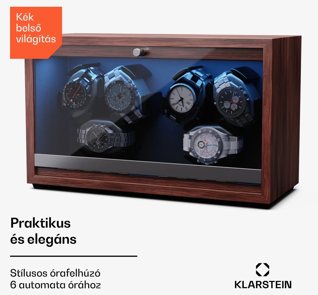 Klarstein Brienz 6, órafelhúzó, 6 óra, 4 üzemmód, fa megjelenés, kék belső világítás