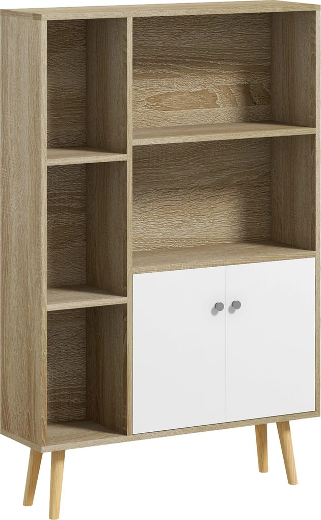 HOMCOM Skandináv Stílusú Tölgyfa Tároló Könyvpolc 80L x 23,5W x 123H cm, 5 rekeszes szekrény, 2 ajtó, kúp alakú tömör fenyő lábak | Aosom