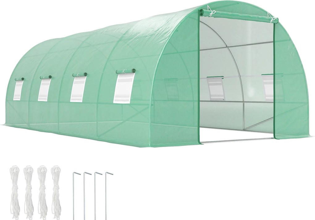 Outsunny Téliesített Üvegház Paradicsom Üvegház Zöld Téliesített Alagút Ablakokkal 595 x 300 x 200 cm | Aosom