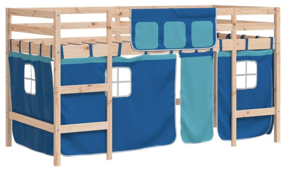 kék tömör fenyőfa gyerek galériaágy függönnyel 90 x 190 cm