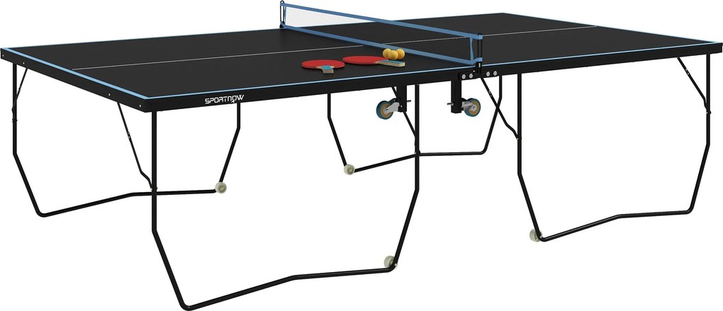 SPORTNOW Asztalitenisz Asztal, Összecsukható Asztalitenisz Asztal Hálóval, Kerekekkel, 2 Asztalitenisz Ütővel és 3 Labdával, Acél, Fekete, 274 x 152,5