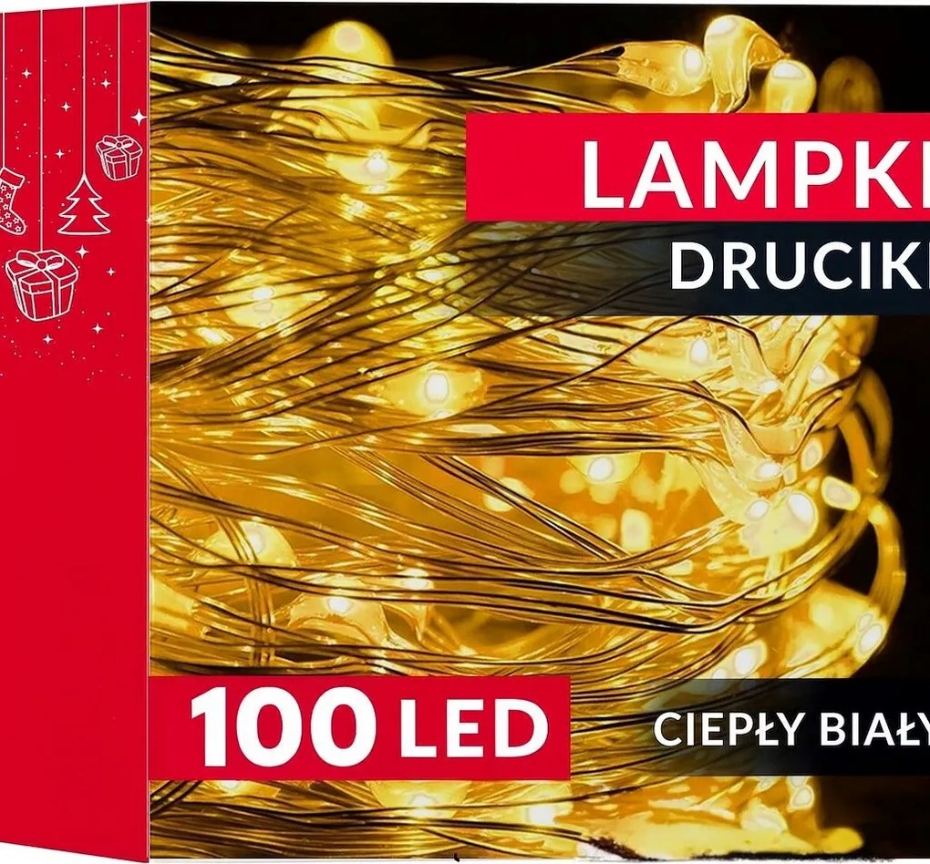 Karácsonyfa fényfüzér 100 Led 10m Fehér Meleg 3×AA elem