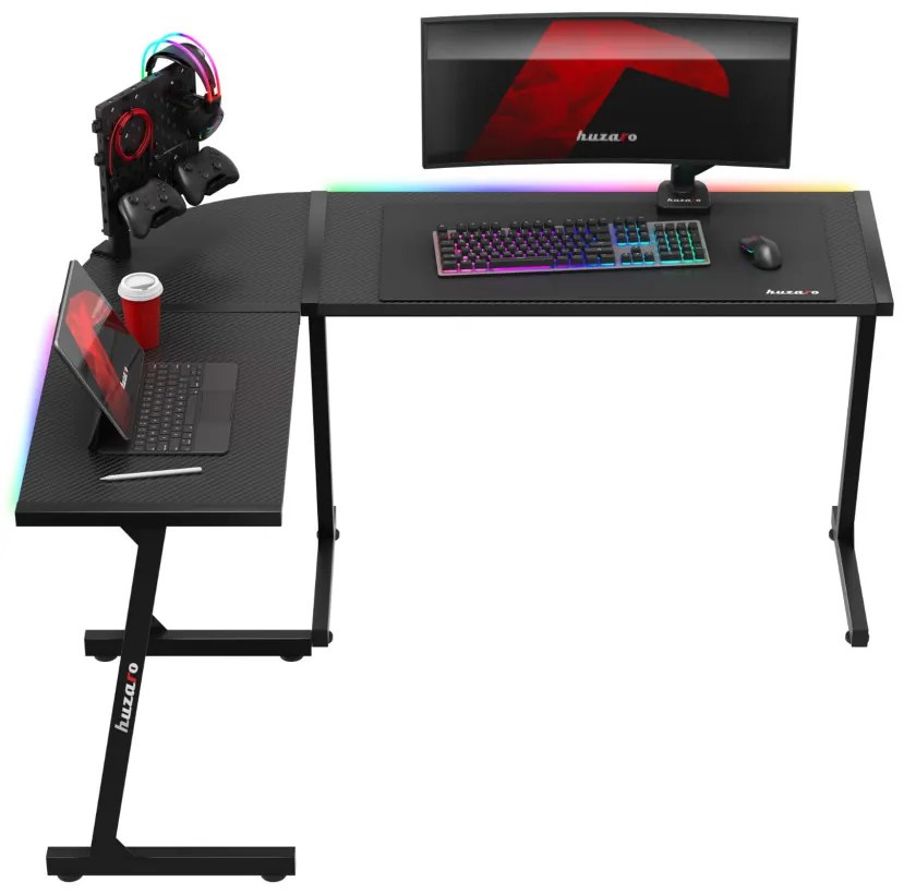 Sarok gamer asztal, íróasztal 147x112cm RGB SMART fekete.