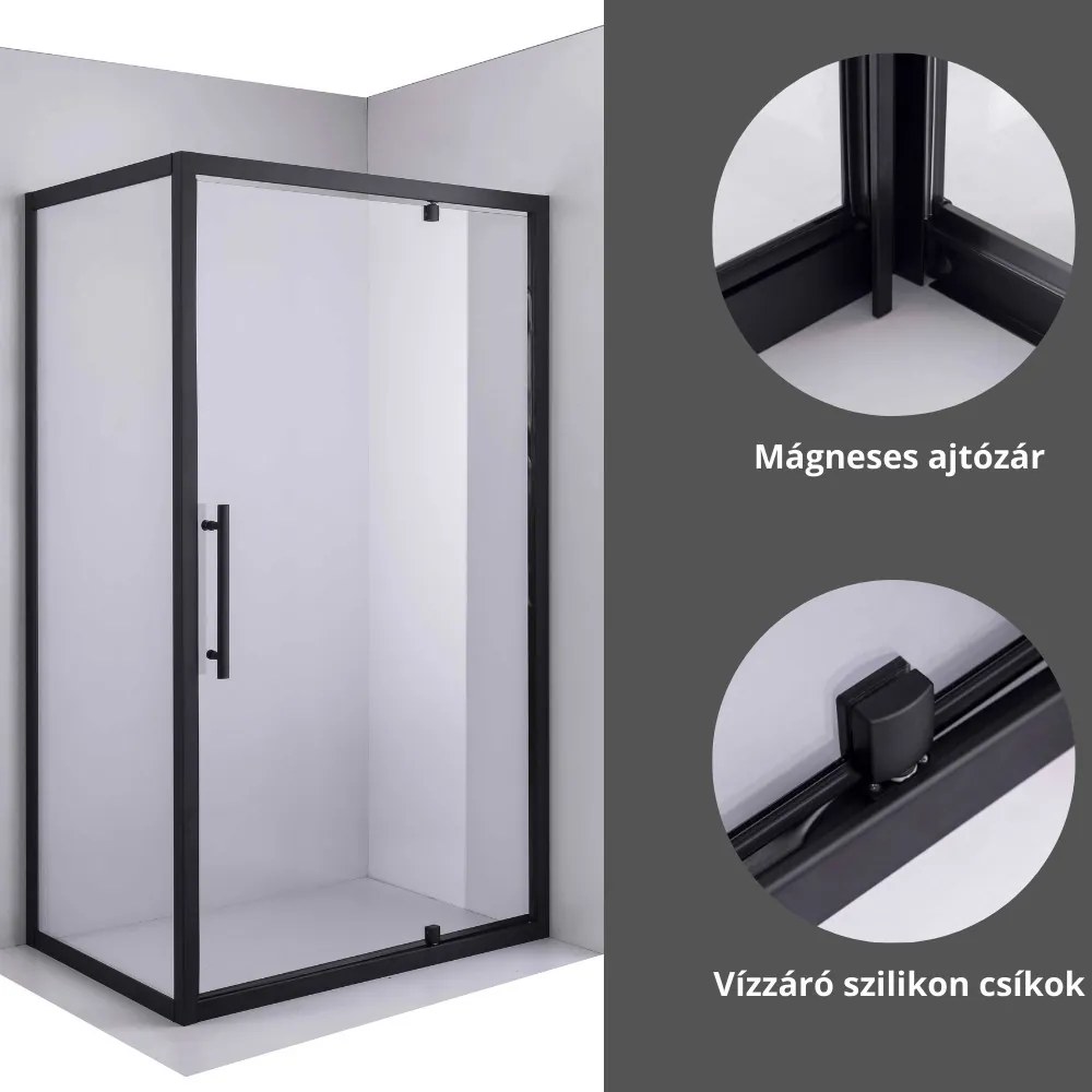 Stuxi Torino Black 90x90 szögletes nyílóajtós zuhanykabin 6 mm vízlepergető biztonsági üveggel, fekete elemekkel, 200 cm magas