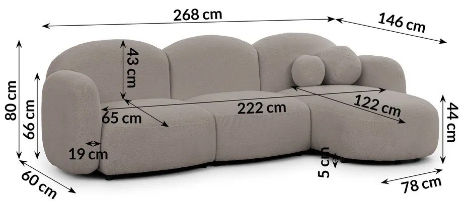 Szürke buklé sarokkanapé (jobb oldali-heverő résszel) Orbit – Ropez