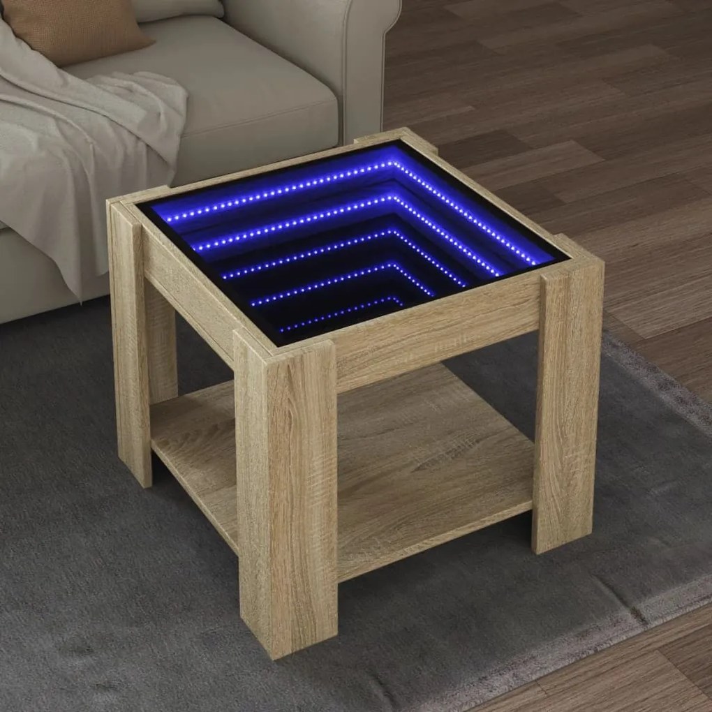 Sonoma tölgy szerelt fa dohányzóasztal LED-del 53 x 53 x 45 cm